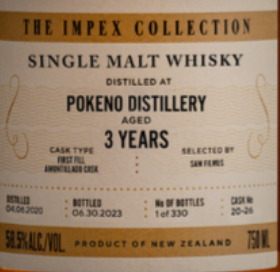 Impex Collection Single Malt Whisky 3 Years Old Pokeno (2020)