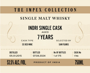 Impex Collection Single Malt Whisky 7 Years Old Indri Single Cask (2015)